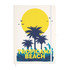A white A4 notebook featuring a colorful tropical beach design with palm trees and a sun illustration. It includes a logo.