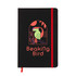 A black A5 notebook with a red elastic band, featuring a colorful bird design on the cover and a logo.
