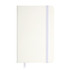 A white pocket notebook with a soft cover, elastic band, and ribbon bookmark. It has a logo on the front.