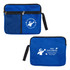 A blue utility pouch featuring a mesh pocket, two zippers, and a logo on both sides.