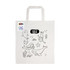 A white cotton tote bag featuring ocean-themed illustrations ready for colouring, with a logo attached.