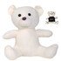 A plush white bear with a stitched design, accompanied by a smaller bear featuring a black shirt.