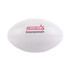 A football-shaped stress reliever with a smooth surface and a logo printed on one side.