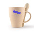 A beige wheat fibre cup with a matching spoon, featuring a logo on the front.
