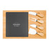 A bamboo cheese board with a black slate section and four stainless steel cheese knives with bamboo handles.