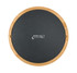A round bamboo cheese board with a black slate top and a logo printed on it.