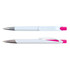 A set of two white plastic pens with pink accents and chrome tips, featuring a sleek design and a clip.