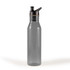 A drink bottle featuring a sleek transparent design with a black flip-top lid and straw.