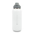 A drink bottle made of white stainless steel with a grey screw-on lid and a logo. Ideal for keeping beverages hot or cold.