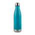 A drink bottle with a sleek turquoise body and a stainless steel base.