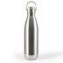 A drink bottle with a sleek stainless steel design and a hanger lid for easy carrying.
