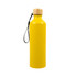 A drink bottle in bright yellow featuring a bamboo lid and a carrying strap. Includes a logo on the surface.