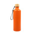 A drink bottle in vibrant orange with a bamboo lid and a black wrist strap. It features a logo.