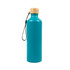 A drink bottle made of aluminum in a vibrant teal color, featuring a bamboo lid and a carrying strap.