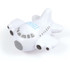 A white airplane-shaped stress reliever featuring a logo on the body.