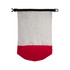 A waterproof bag featuring a white upper section and a red bottom, equipped with a secure closure and a logo.