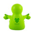A green stress reliever in the shape of a smiling figure with outstretched arms and a logo on its back.