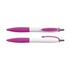 A set of plastic pens with a white and vibrant pink design, featuring a textured grip and a clip for convenience.