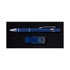 A blue pen and a black USB flash drive are displayed together in a sleek black presentation box.