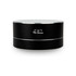 A black espresso coffee cup with a glossy finish and a silver band, featuring a logo.