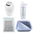 A white dry bag, a clear drink bottle, a transparent storage bag, and a gray food container with a lid.