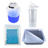 An assortment of a blue and white dry bag, a clear drink bottle, a teal pouch, and a dark gray food container with a lid.