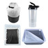 A dry bag in white and black, a clear drink bottle, a pouch, and a two-compartment container with a fork.