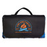 A picnic blanket in black with a logo featuring flames and blue accents. It includes a convenient carrying handle.