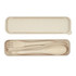A beige cutlery set in a compact case, featuring a knife, fork, spoon, and chopsticks. The case has a logo.
