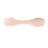 A multi utensil in soft beige with a spoon on one end and a fork on the other. It has a smooth texture and a subtle design.