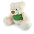 A plush teddy bear in white with a green vest, featuring soft fur and a friendly face.