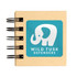 A tan sticky note pad with a spiral binding featuring an elephant logo on a turquoise background.