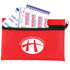 A red first aid kit containing bandages, with a zipper closure and a logo on the front.