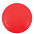 A red frisbee with a smooth surface and rounded edges.