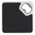 A drink bottle opener and coaster in black and silver, featuring a textured surface and a built-in bottle opener.