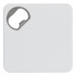 A drink bottle opener and coaster combination featuring a sleek white square design with a metal opening cutout.
