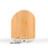 A wireless speaker with a bamboo finish featuring music control buttons and a charging port at the bottom.