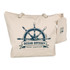 A beige canvas tote bag featuring a nautical steering wheel design and a small matching pouch.