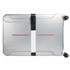 A luggage strap secures a silver suitcase, featuring a minimalistic design with a central white stripe and red accents.