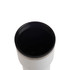 A drink bottle features a sleek white design with a stainless steel rim and a dark interior.