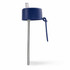 A drink bottle lid with a blue cap and a stainless steel straw attached. Features a loop for easy handling.