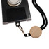 A black neck lanyard connects to a phone case with a wooden attachment, showcasing a sleek and functional design.