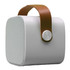 A compact Boombox Mini Speaker in white with a brown leather handle and a silver control knob on the side.