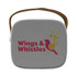 A compact, square mini speaker in white with a brown strap and a logo on the front.
