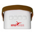 A compact white mini speaker with a brown strap and a logo featuring a dancer. It has three control buttons on the front.