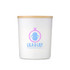 A large glass candle with a white exterior and a wooden lid, featuring a branding logo.