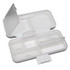 A compact pill organizer in white with multiple compartments and clear lids for easy access to contents.