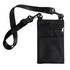 A black neck pouch with a strap, featuring a zippered pocket and a mesh compartment. It has a logo on the front.