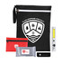 A black pouch contains a flashlight, a red pouch, a silver pack, and a black item, featuring a logo.