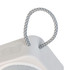 A white mini speaker with a grey braided handle and control buttons on top. It features a logo on the side.